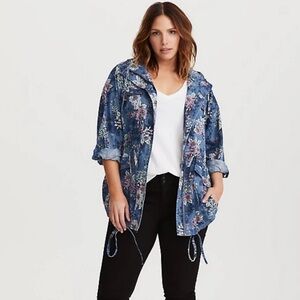 Torrid Denim Floral Hooded Anorak Jacket
